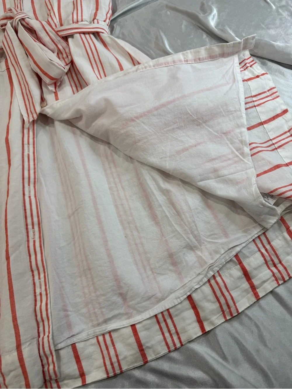 J. Crew linen/cotton White Dress with Coral Stripes and Tie Waist